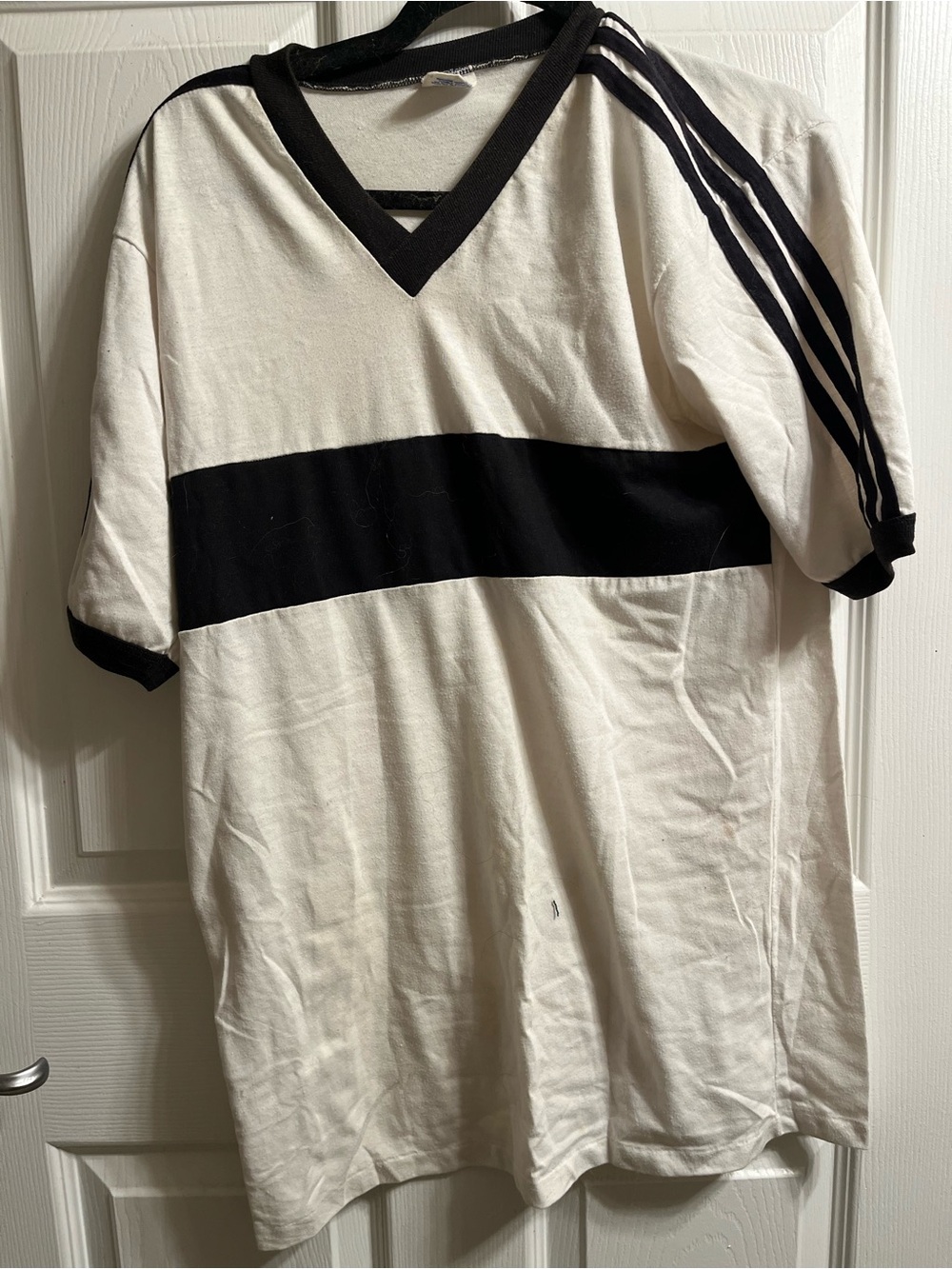 adidas White V‑Neck Short Sleeve Tee with Black Stripe Accents